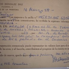 Postales: POSTAL RECUPERACION ANILLA AVES.AÑO 1958.ORNITOLOGIA