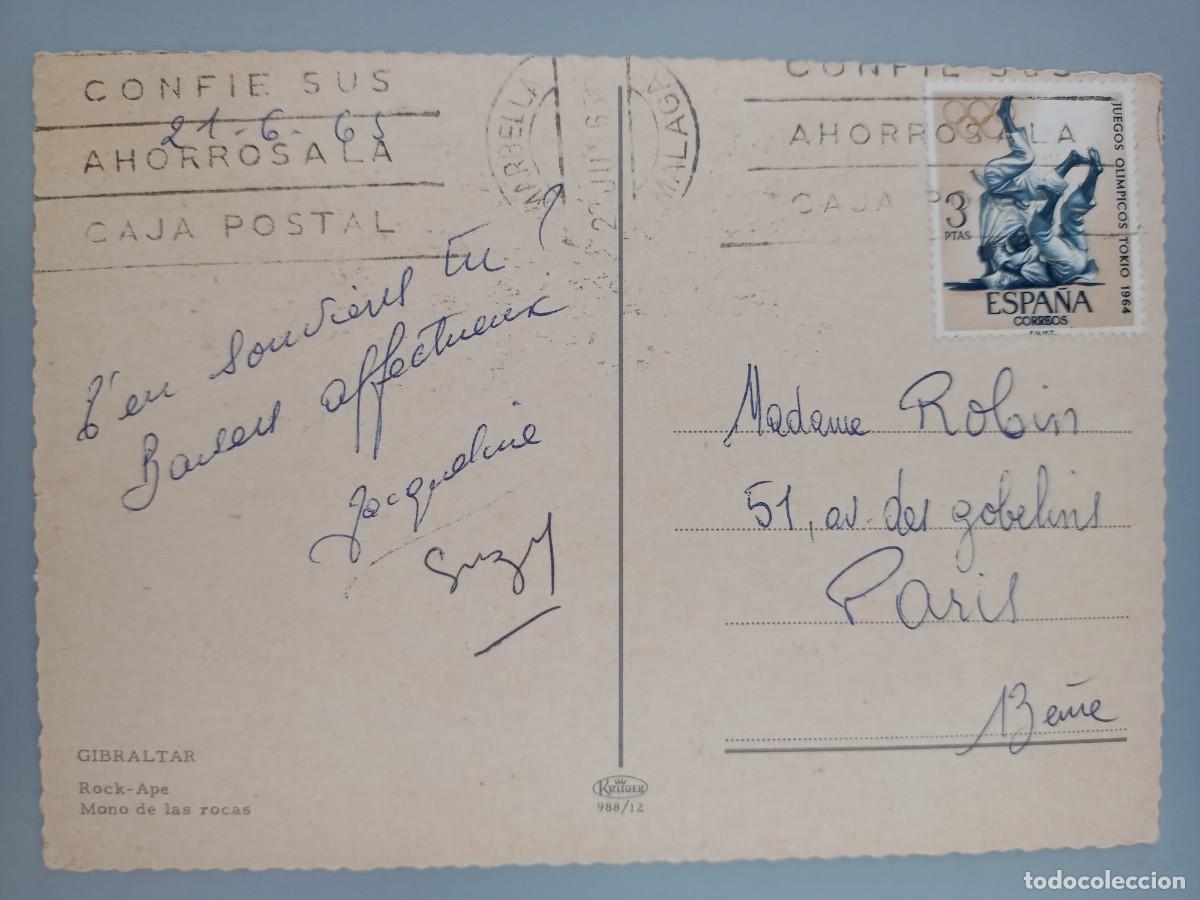 Postales: Gibraltar. Mono de las Rocas. Circulada a Par&iacute;s en 1965. - Foto 2