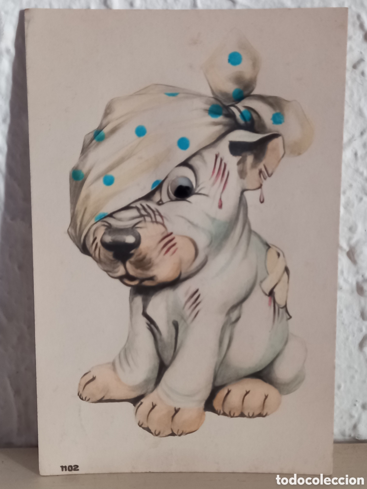 Postcards: Antigua postal perrito con ojo en relieve