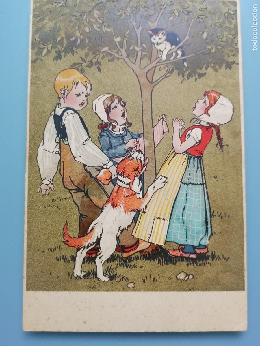Postcards: POSTAL HUMORISTICA ILUSTRADA NI&Ntilde;OS CON PERRO Y GATO EDIC LEIPZIG PERFECTA CONSERVAC