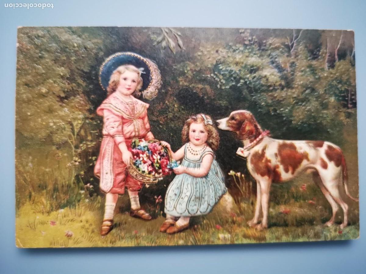 Postcards: POSTAL ILUSTRADA NI&Ntilde;AS CON CESTO DE FLORES Y PERRO EDIC ALEMANA CIRCULADA EN 1909