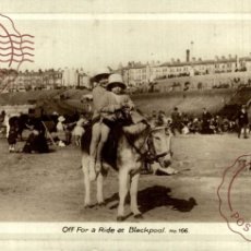 Postales: OFF FOR A RIDE AT BLACKPOOL SANDS REAL PHOTO BURROS ANE DONKEY EZEL ANIMALES ANIMALS
