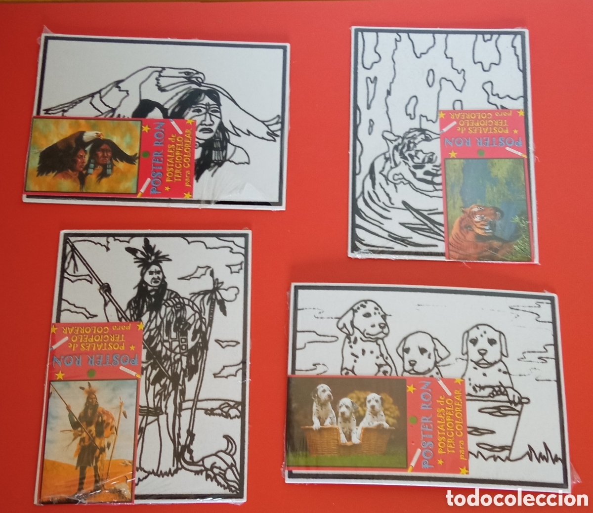 Postales: LOTE DE 4 POSTALES CART&Oacute;N CON RELIEVE DE TERCIOPELO PARA COLOREAR.SIN ABRIR.