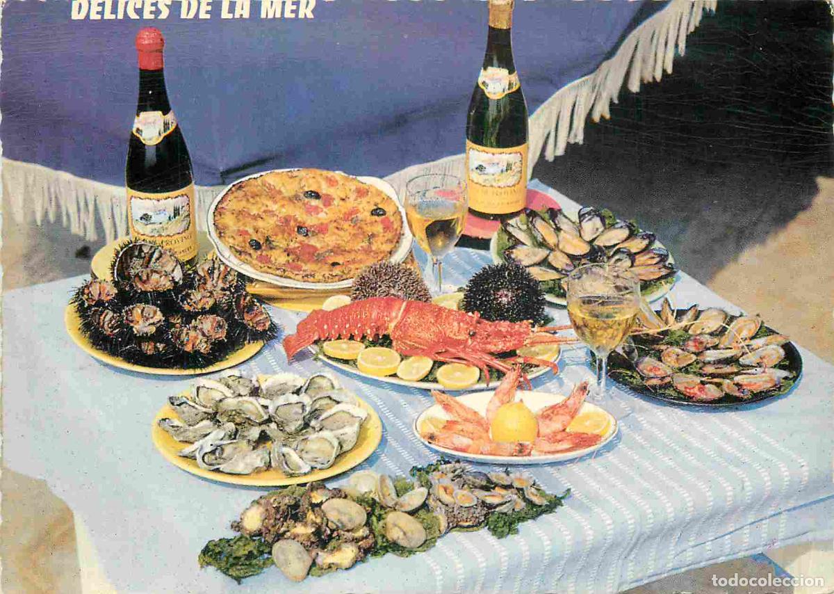 Cartes Postales: Carte Postale - Recettes de Cuisine - La table gastronomique d&eacute;gustations langoustes oursins violets
