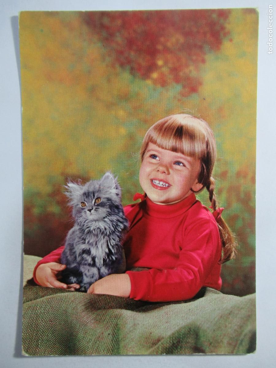 Postales: Postal Ni&ntilde;a con gato - Escrita