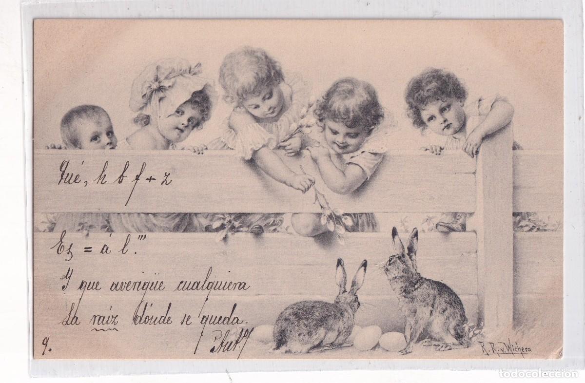 Postales: Postal ilustrada ni&ntilde;os jugando con conejos. Whichera ilustrador. Circulada. Reverso sin dividir