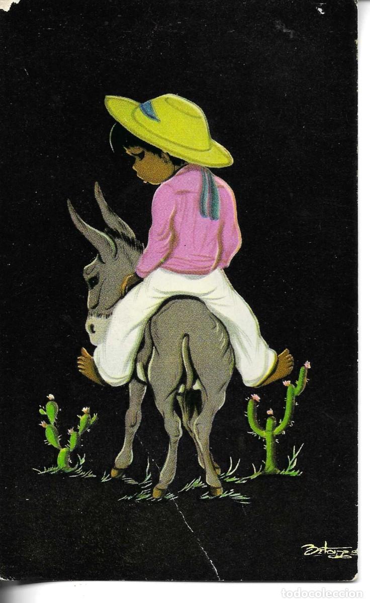 Postales: &rdquo;Ni&ntilde;o Mejicano en su burro&rdquo; Antigua postal Mejicana. Firmada. 8,5 x 14 cm. No circulada