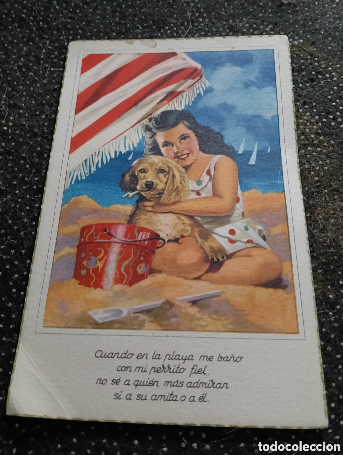 Postales: Postal ni&ntilde;a y perro en la playa, sin circular