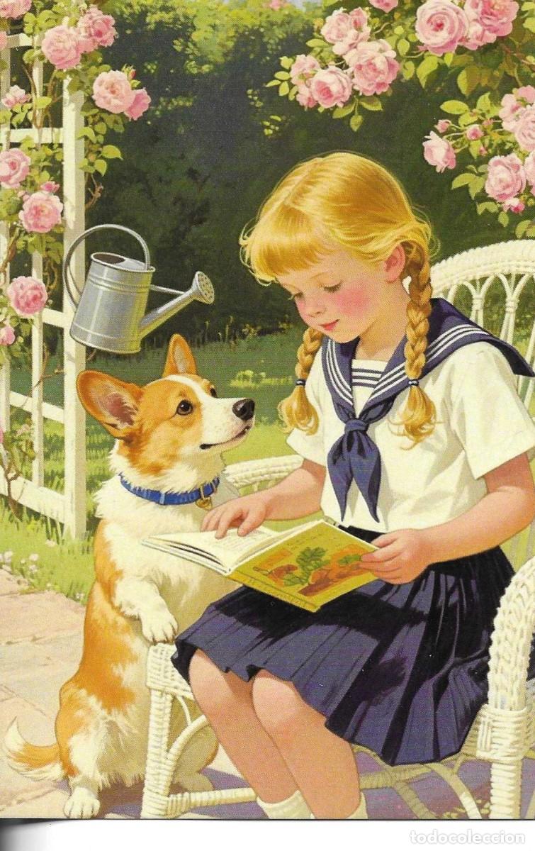 Postales: Ni&ntilde;a leyendo con su perro. Bonita postal ilustrada. Hecha en China. 10 x 15 cms.