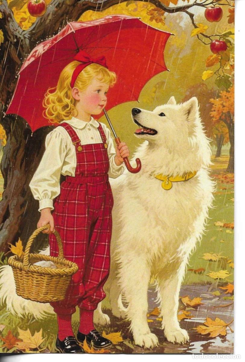 Postales: Ni&ntilde;a con paraguas, con su perro. Bonita postal ilustrada. Hecha en China. 10 x 15 cms.