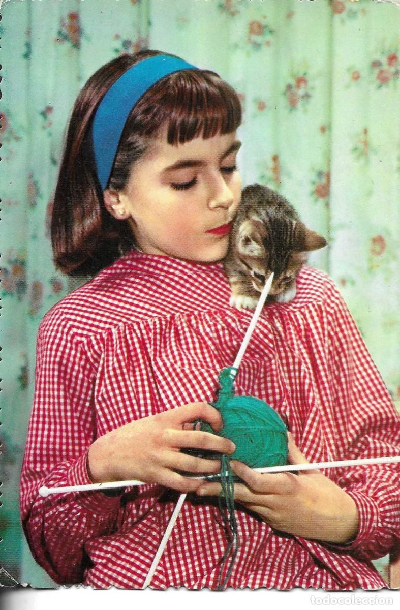 Postales: Ni&ntilde;a haciendo punto, con su gatito. Moderna postal fotogr&aacute;fica