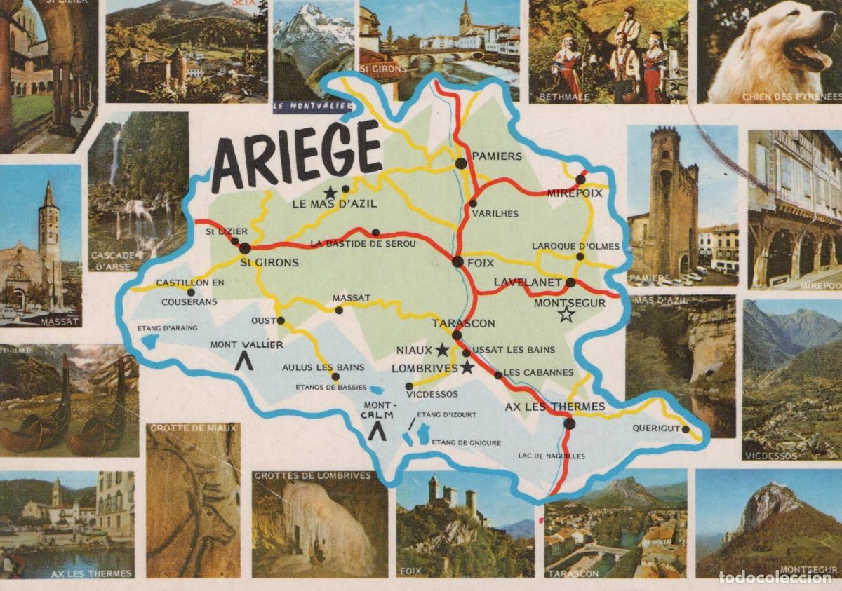 Postales: France Ariege Map With Multiple Views Pyrenees Dog Castles Unposted *YAP545