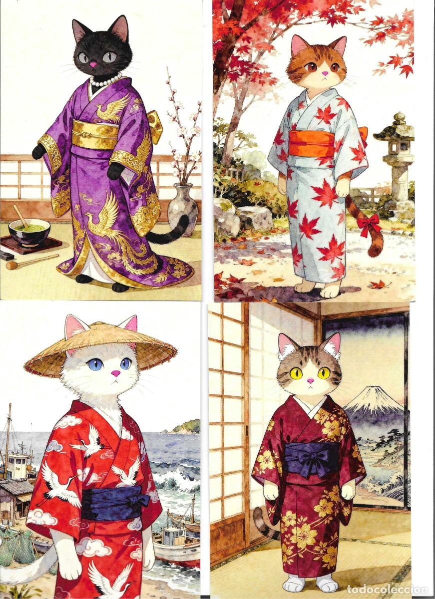 Postales: &rdquo;Escenas de gatos en kimono&rdquo; Lote de 16 modernas postales ilustradas. Hechas en China 10 x 15 cms.