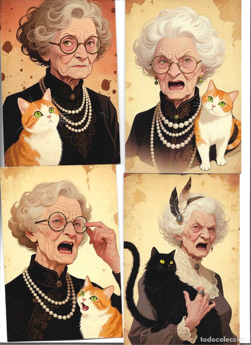 Postales: &rdquo;Anciana irritada con su gato&rdquo; Lote de 20 modernas postales ilustradas. Hechas en China 10 x 15 cms.