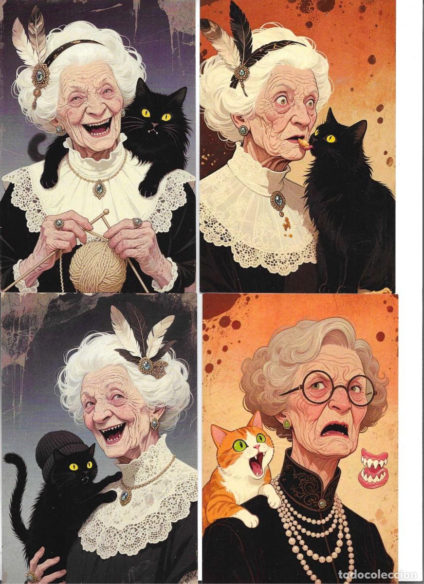 Postales: &rdquo;Anciana irritable con su gato &rdquo; Lote de 12 modernas postales ilustradas. Hechas en China.