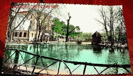 Postales: ANTIGUA POSTAL COLOREADA DE ALHAMA DE ARAGON - TERMAS PALLARES, LAGO Y CASITA DE CORCHO - ED. SICILI