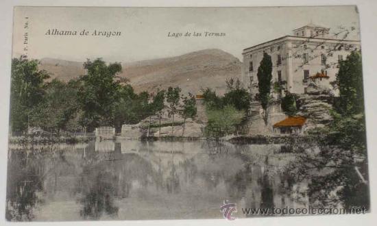 Cartes Postales: ANTIGUA POSTAL COLOREADA DE ALHAMA DE ARAGON - LAGO DE TERMAS -  ED. V.P. PARIS - NO CIRCULADA.