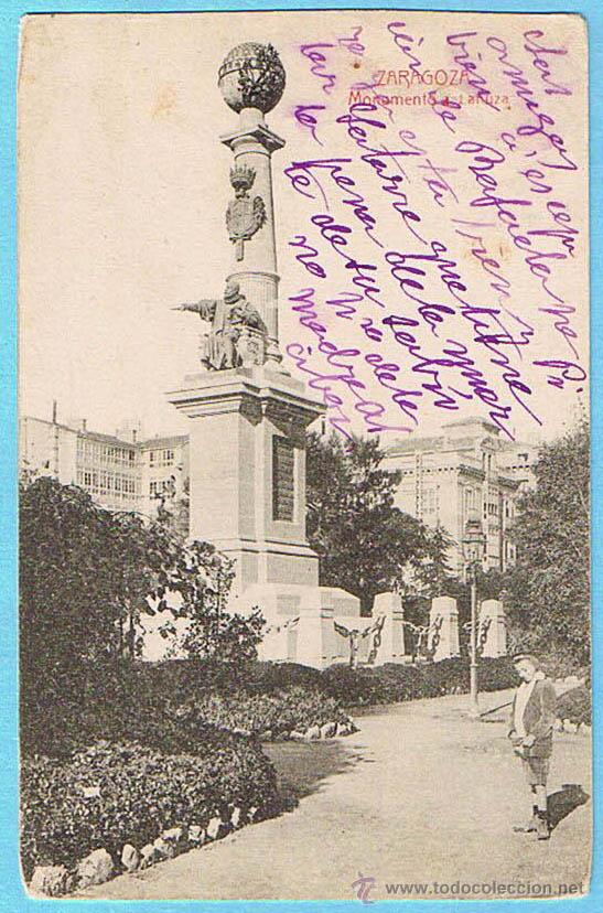 Postales: ZARAGOZA. MONUMENTO A LANUZA. CIRCULADA EN 1918. - Foto 1
