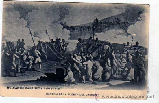 Postales: Ruinas de Zaragoza. Bateria de la puerta del Carmen. Fototipia Escola. Reverso con escudo. 1808-1809