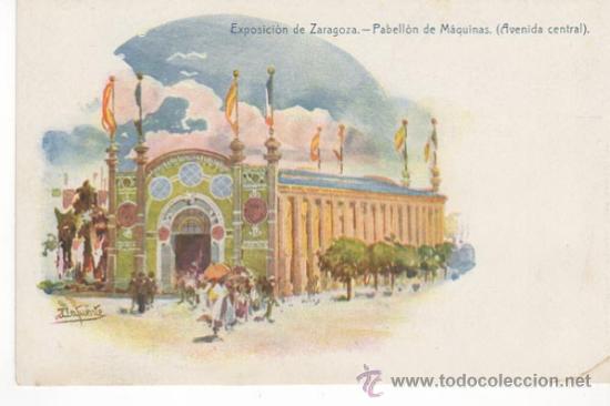 Postales: postal exposici&oacute;n de zaragoza. pabell&oacute;n de m&aacute;quinas. (Avenida central).