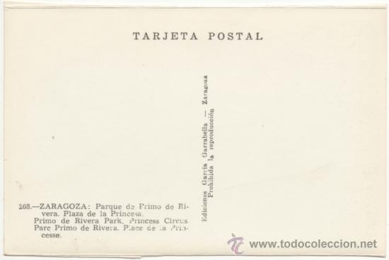 Postales: ZARAGOZA.- PARQUE DE PRIMO DE RIVERA. PLAZA DE LA PRINCESA. - Foto 2