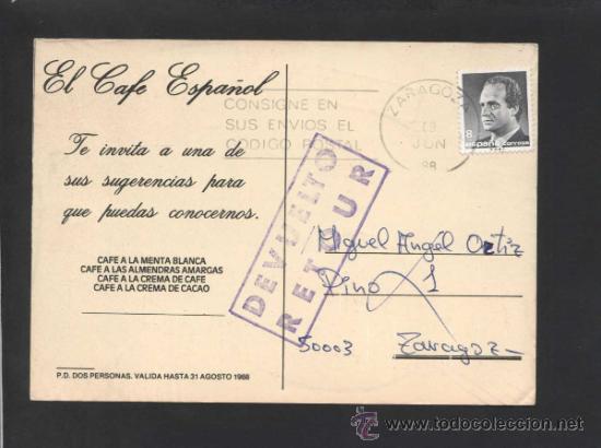 Postales: Zaragoza. *El Caf&eacute; Espa&ntilde;ol* Circulada 1988. - Foto 2