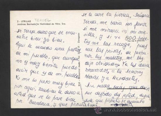 Postales: Utrillas *Jardines...* Ed. RAE - Com. Josan n&ordm; 2. Escrita. - Foto 2