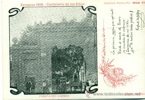 Postales: ZARAGOZA. CENTENARIO DE LOS SITIOS. 1908. PUERTA DEL CARMEN. - Foto 1