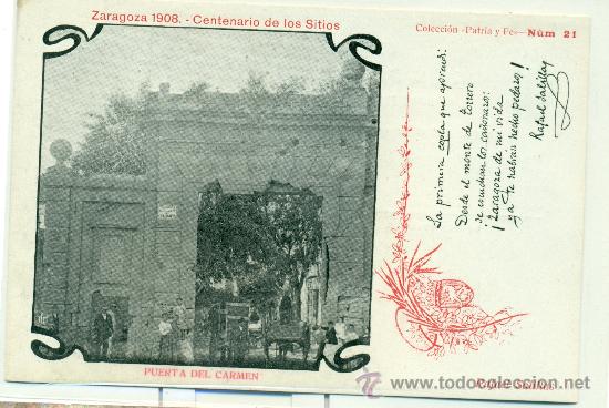 Postales: ZARAGOZA. CENTENARIO DE LOS SITIOS. 1908. PUERTA DEL CARMEN. - Foto 1