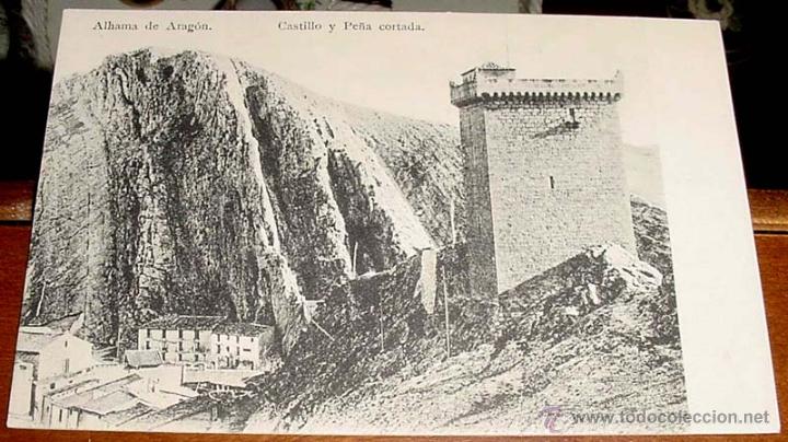 Postkarten: ANTIGUA POSTAL DE ALHAMA DE ARAGON CASTILLO Y PE&Ntilde;A CORTADA - NO CIRCULADA ESCRITA.