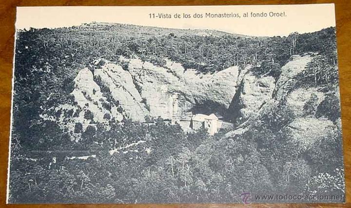 Postales: ANTIGUA POSTAL DE SAN JUAN DE LA PE&Ntilde;A - VISTA DE LOS DOS MONASTERIOS - N. 11 - AL FONDO OROEL - ED.