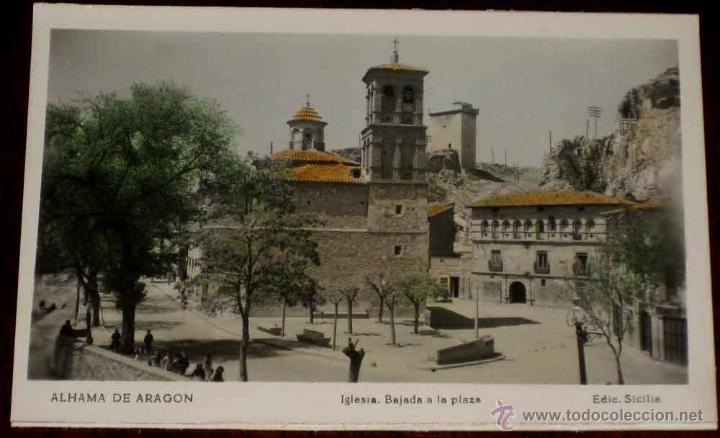Postales: ANTIGUA FOTO POSTAL COLOREADA DE ALHAMA DE ARAGON - IGLESIA - NO CIRCULADA - ED. SICILIA.