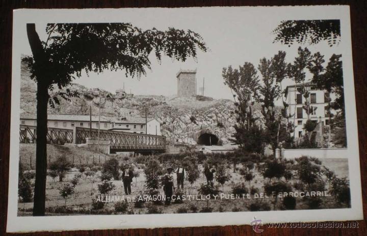 Postales: ANTIGUA FOTOGRAFIA DE ALHAMA DE ARAGON - CASTILLO Y PUENTE DEL FERROCARRIL - NO CIRCULADA.