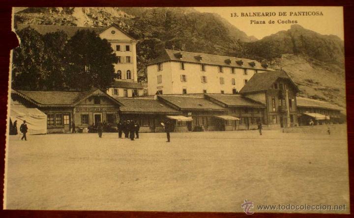 Postales: ANTIGUA POSTAL DEL BALNEARIO DE PANTICOSA - N&ordm; 13 - PLAZA DE COCHES - REVERSO CON PUBLICIDAD DE HOTE