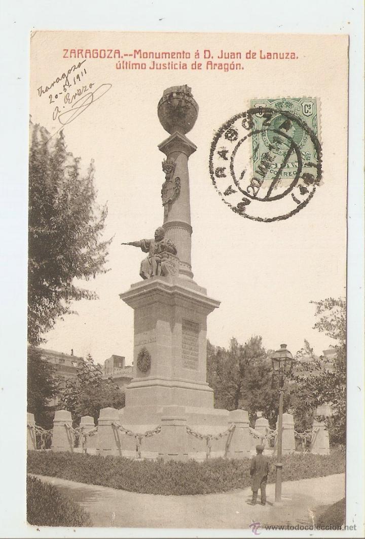 Postales: ZARAGOZA. MONUMENTO A D. JUAN DE LANUZA. ULTIMA JUSTICIA DE ARAG&Oacute;N 1911