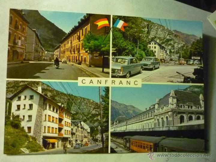 Postales: postal canfranc.-ara&ntilde;ones varias vistas, coches y estacion tren.