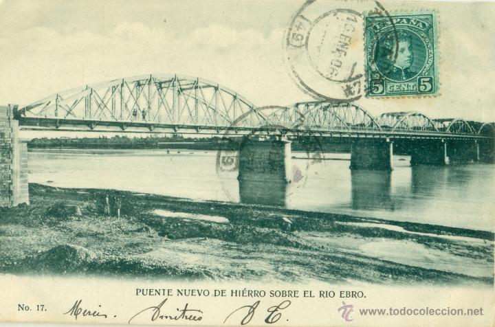 Postcards: ZARAGOZA.PUENTE NUEVO DE HIERRO SOBRE EL RIO EBRO. BAZAR EL CICLON. CIRCULADA EN 1906.