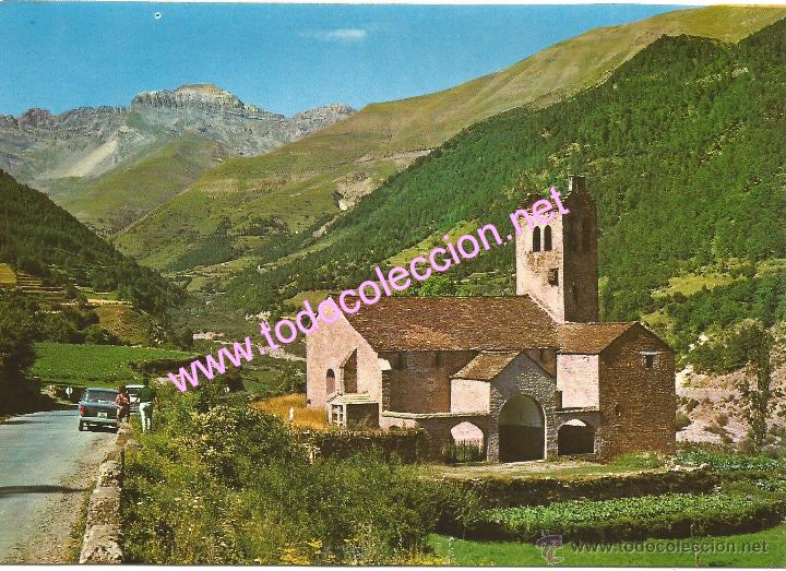 Postales: LIMAS DE BROTO (PIRINEO ARAGON&Eacute;S) - IGLESIA ROM&Aacute;NICA Y TENDE&Ntilde;ERA AL FONDO (POSTAL SIN CIRCULAR) 1968