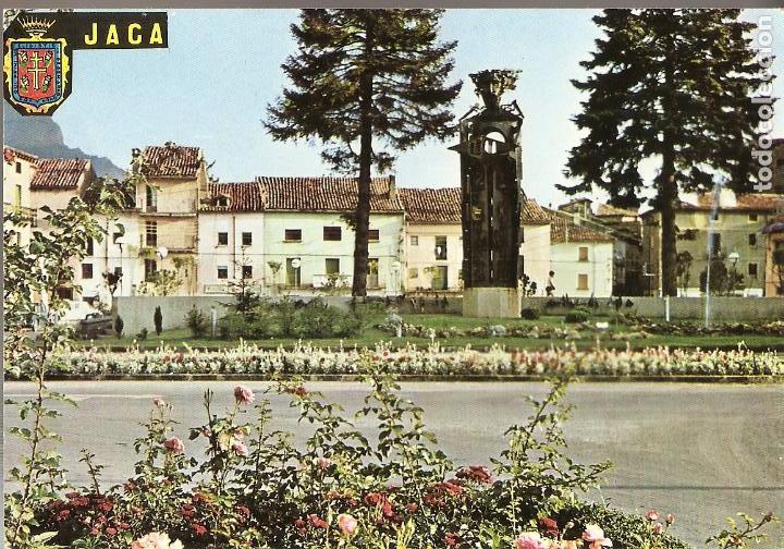 Postales: POSTAL, ALTO ARAG&Oacute;N-HUESCA, JACA-PLAZA DE BIESCAS Y MONUMENTO A LA JACETANIA, SIN CIRCULAR