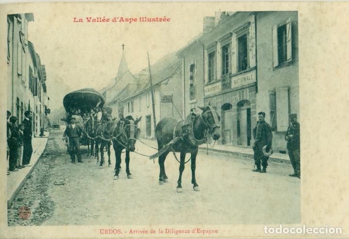 Postales: URDOS. LLEGADA DE LA DILIGENCIA DE ESPA&Ntilde;A. CIRCULADA EN 1908.POSTAL FRANCESA. - Foto 1