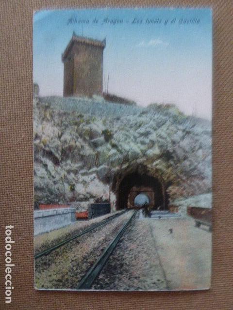 Postcards: ALHAMA DE ARAGON. LOS TUNELES Y EL CASTILLO. CLICHES M. ARRIBAS.  ESCRITA