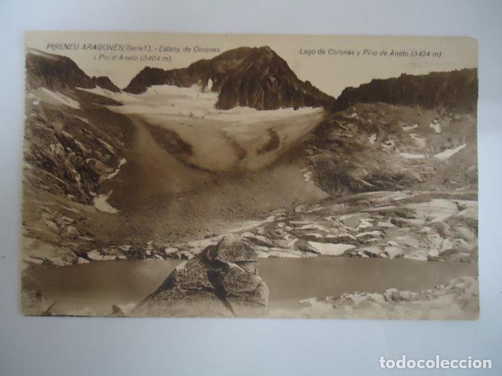 Postales: POSTAL ANTIGUA DE LOS PIRINEOS ARAGONESES LAGO DE CORONAS Y PICO DE ANETO. CIRCULADA