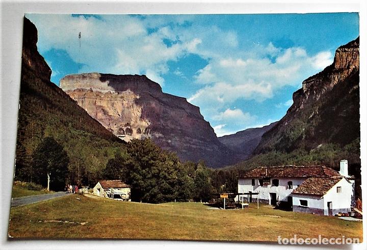 Postales: Parque Nacional de Ordesa. 557 Entrada al valle. Casa Oliv&aacute;n. Al fondo La Fraucata. Ed. Sicilia. Usa