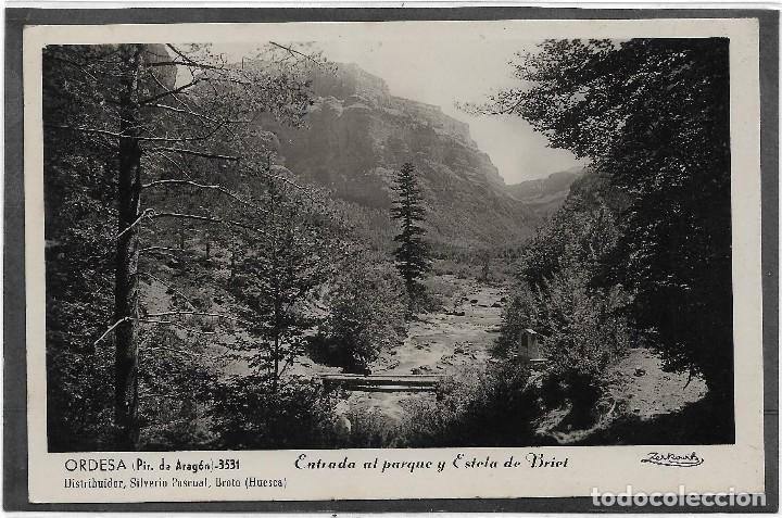 Postales: ORDESA .- ENTRADA PARQUE Y ESTELA DE BRIET .- FOTO ZERKOWITZ
