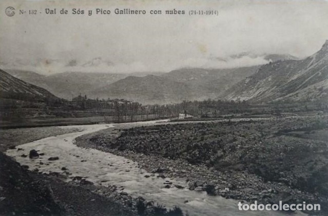 1914 Val de Sós y Pico Gallinero con nubes. Salto de El Run. Huesca. Catalana de gas y electricidad