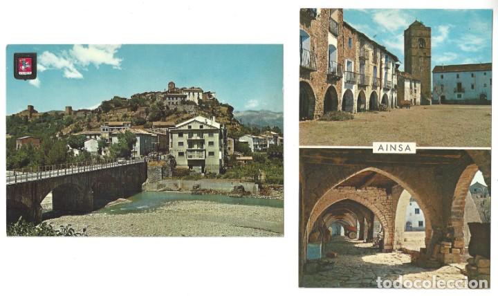 Postales: LOTE DE 2 POSTALES- AINSA.- PIRINEO ARAGONES. VISTA PARCIAL. PLAZA Y PORCHES. HUESCA- SIN CIRCULAR