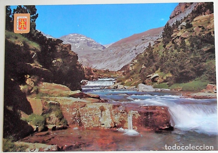 Postales: Parque Nacional de Ordesa. 420 Gradas de Soaso. Al fondo Pico Sun de Ram&oacute;n. Escudo de Oro. Nueva. Co
