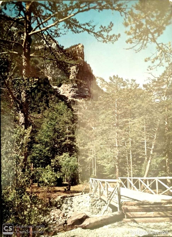 Postales: Parque Nacional de Ordesa. 44 Puente r&uacute;stico sobre el r&iacute;o Arazas. Al fondo, La Proa. Ed. Sicilia. Nu