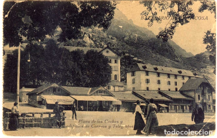 Postales: POSTAL BALNEARIO DE PANTICOSA (HUESCA) - PLAZA DE LOS COCHES Y EDIFICIO DE CORREOS Y TELEGRAFOS