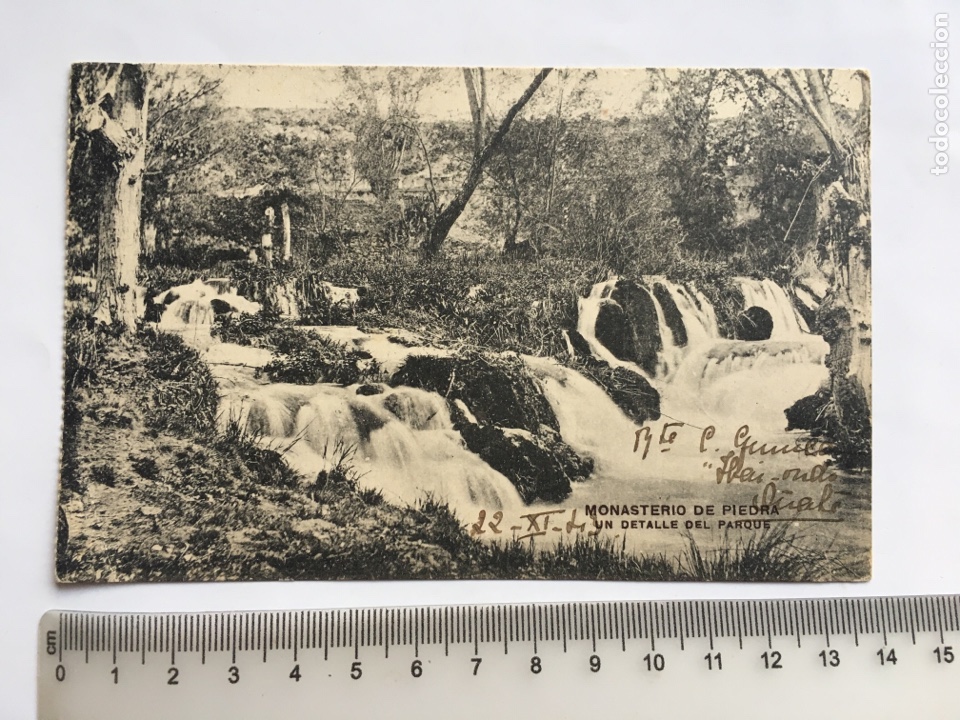 Postales: POSTAL. MONASTERIO DE PIEDRA. UN DETALLE DEL PARQUE. M. RAMOS Y COBOS, FOT&Oacute;GRAFO. H. 1943.